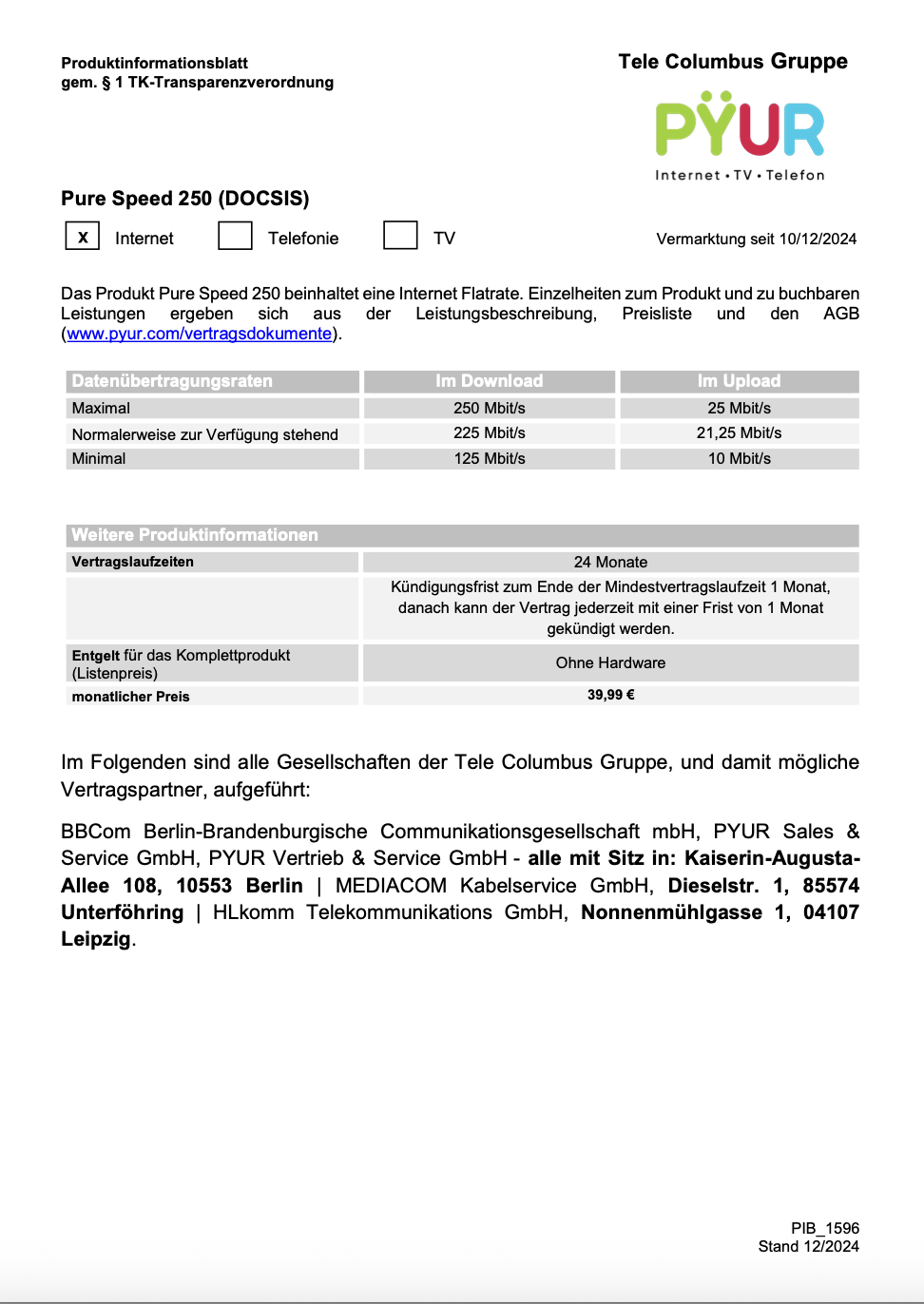 Pure Speed 250. Produktinformationsblatt.