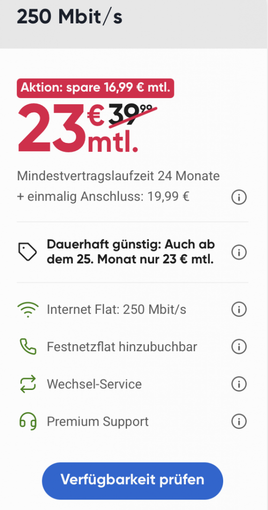 Nur für kurze Zeit gibt es die 250 Mbit/s Leitung bei PYUR anstelle von 39,99 Euro für nur 23 Euro monatlich. Weitere Informationen im Shop oder unter 04613182002.